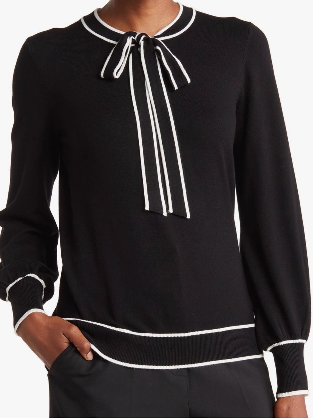 Adrianna Papell Tipped Bow Tie Neck Sweater Black Ivory Large